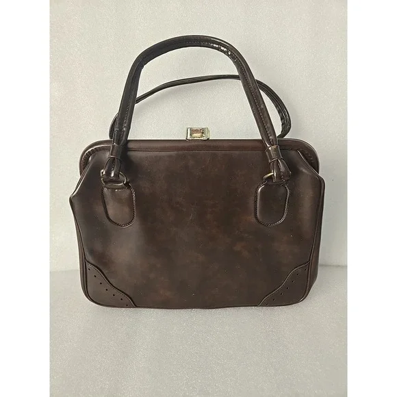 Vintage Brown Vinyl Handbag‎ Purse - Top Handle - Snap Closure
