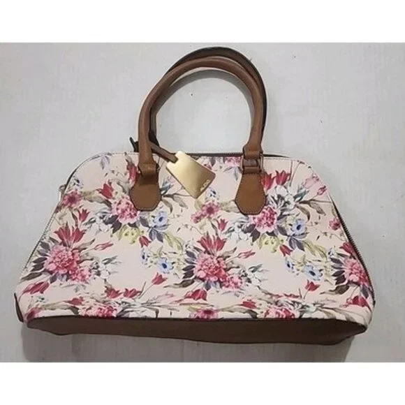 Floral Print Satchel Handbag in Cream and Brown