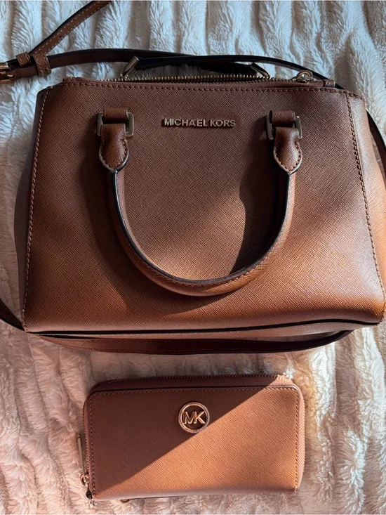 Michael Kors Brown Saffiano Leather Satchel and Matching Zip Wallet