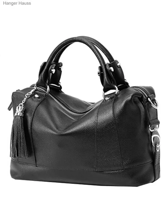 Genuine Leather Satchel Tote Bag with Fringe, Adjustable Strap for Women