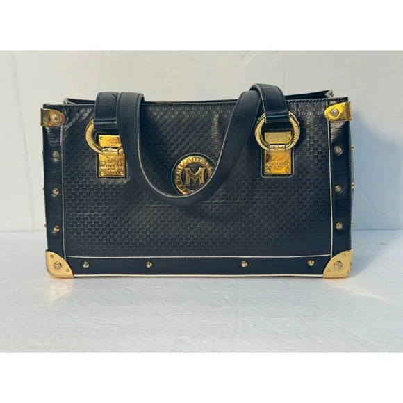 Metrocity Black Monogram Leather Trunk Satchel Bag Gold Studded Hardware