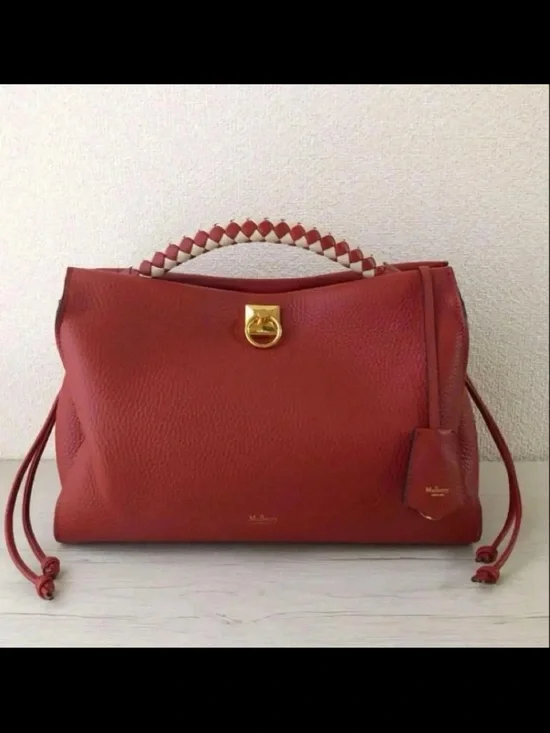Mulberry Red Leather Satchel with Woven Top Handle