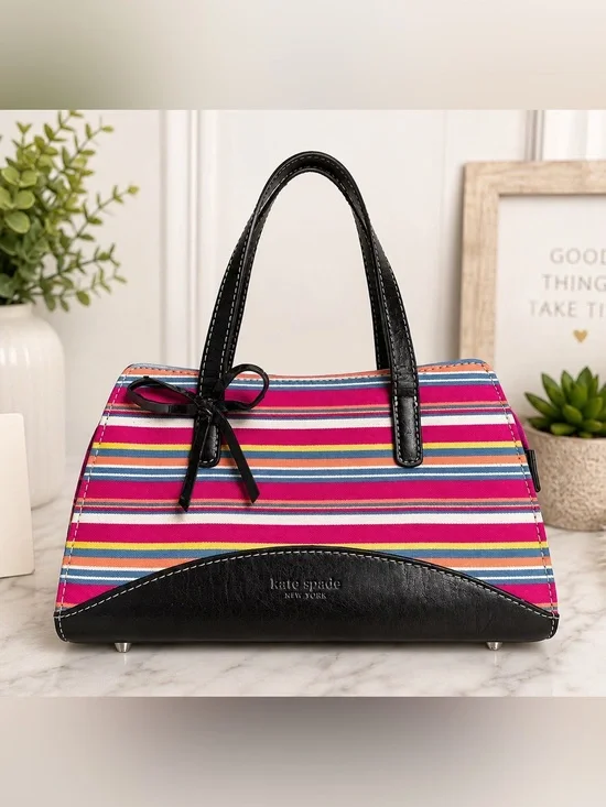 Kate Spade Striped Canvas Bow Satchel Tote Pink Black Y2K Vintage Bag