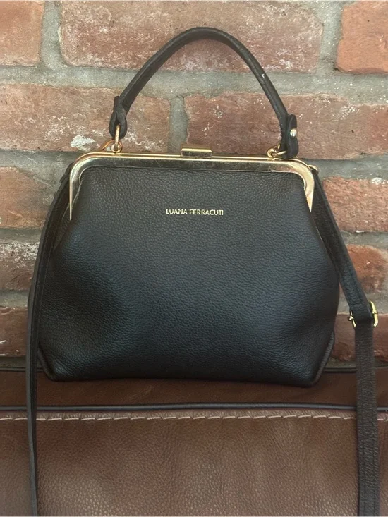 Luana Ferracuti Made in Italy Black Leather Doctor Bag/Gold Frame Satchel