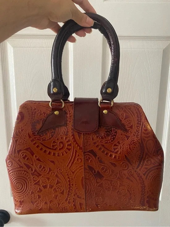 Vintage Leather Satchel Embossed Handbag Brown Medium Size Tooled Leather Boho