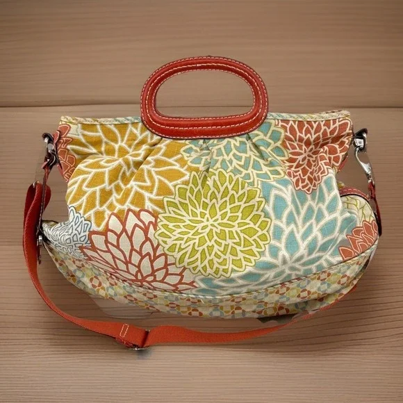 Womens Retro Floral Canvas Satchel Multicolor‎ Red Leather Trim Fossil Key-Per