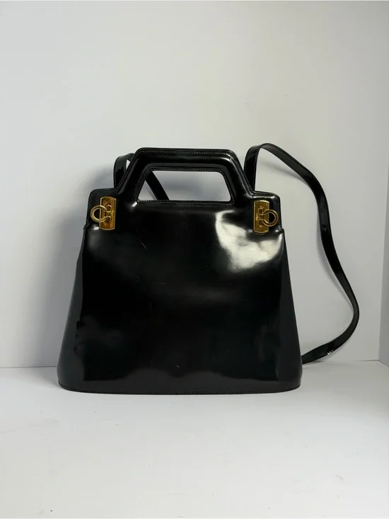 Salvatore Ferragamo Wanda Glossy Black Patent Leather Top Handle Bag