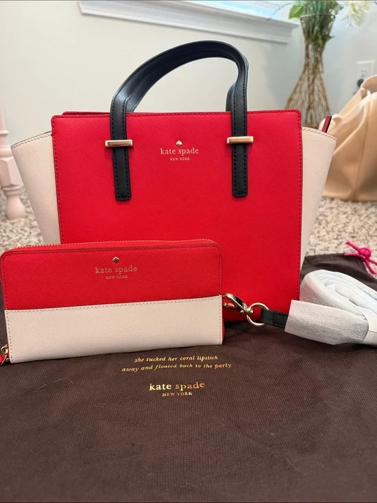 kate spade Red, Cream & Black Colorblock Saffiano Satchel with Wallet