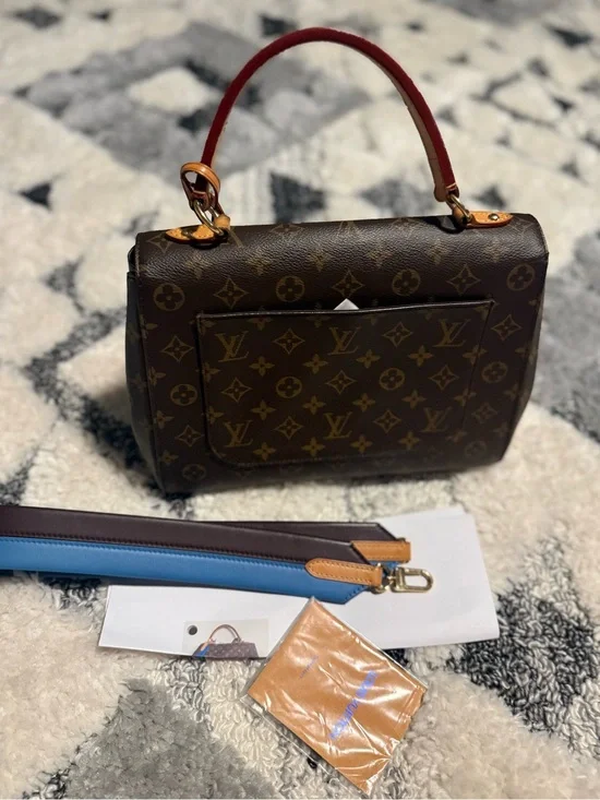 Louis Vuitton Brown Monogram Satchel with Red Top Handle and Blue Strap