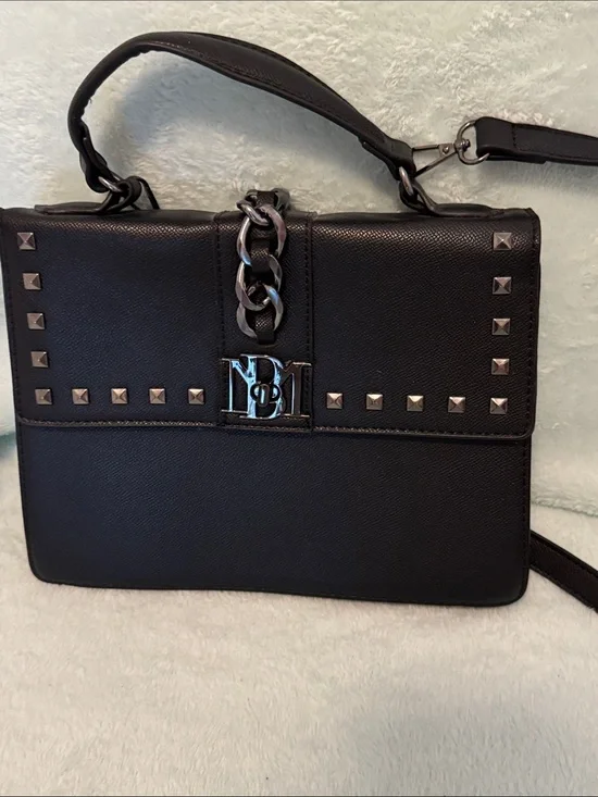 Badgley Mischka Black Studded Top-Handle Satchel with Chain Detail