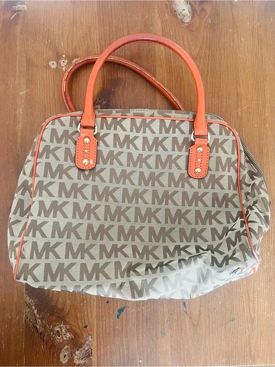Michael Kors Beige MK Logo Satchel with Orange Trim