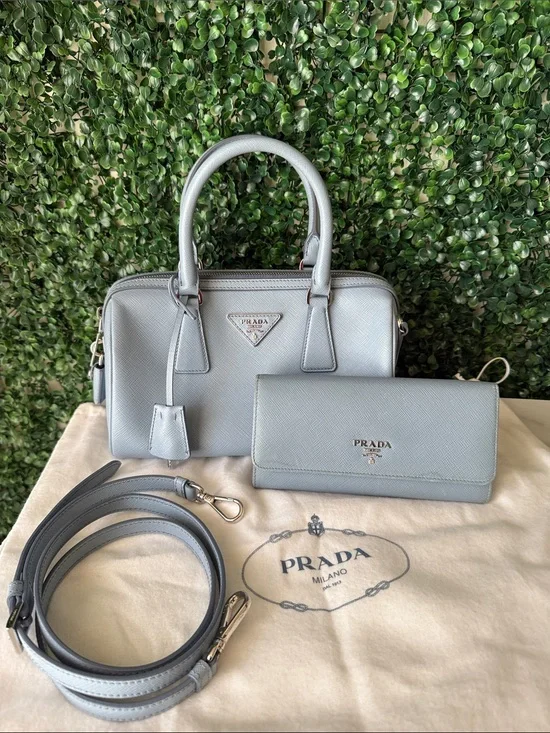 Prada Light Blue Saffiano Leather Small Satchel with Strap Bundle with Wallet