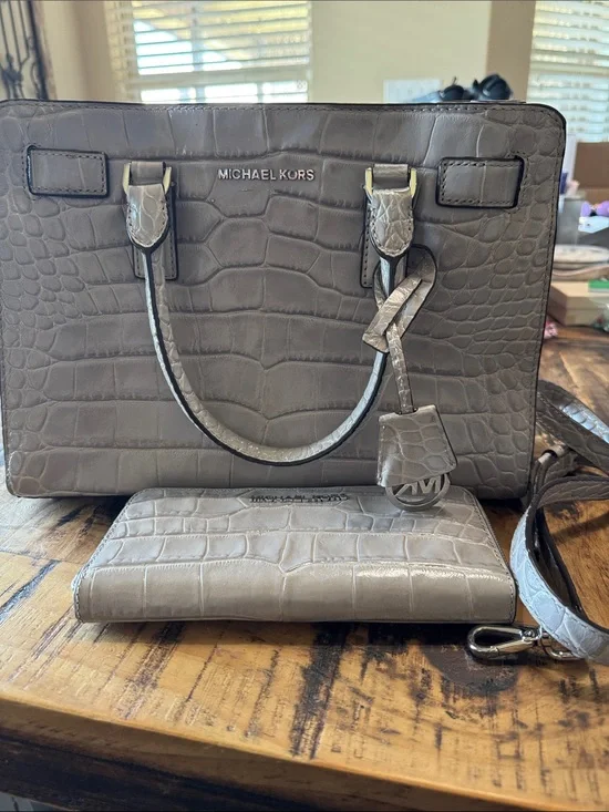 Michael Kors Taupe Croc-Embossed Satchel with Matching Wallet
