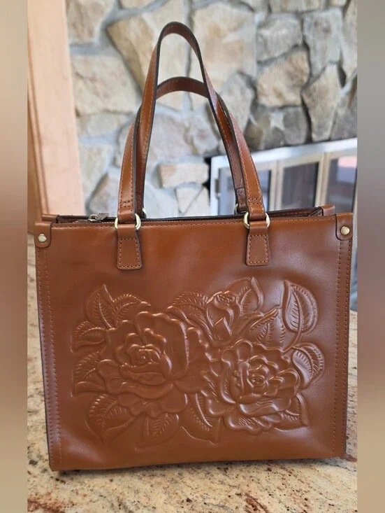 Patricia Nash  Med Ava Tote Bag in Tan Vegetable Tanned Rose Tooled Leather NWT