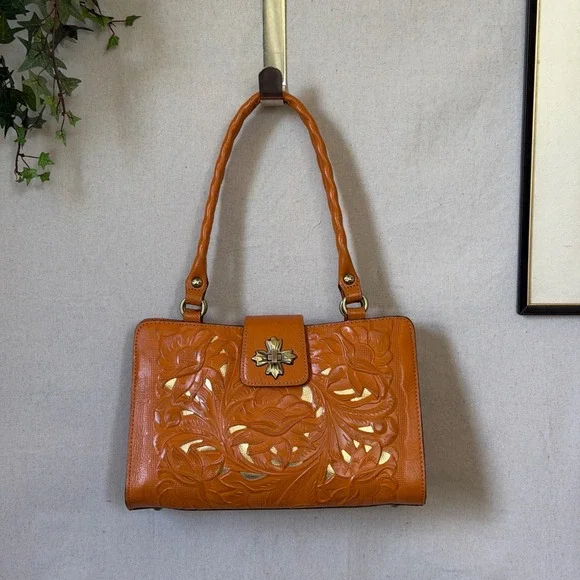 Orange Tooled Leather Patricia Nash Satchel Bag Boho Vintage Y2K Medium