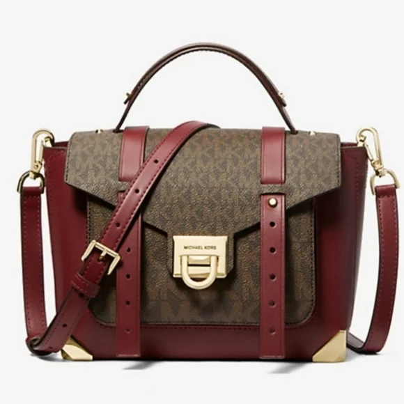 💜🔹️Michael Kors 🔹️Manhattan Medium Leather and Logo Satchel- Dark Cherry