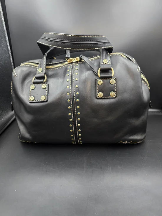 Michael Kors Black Leather Stud-Accent Satchel with Gold Hardware