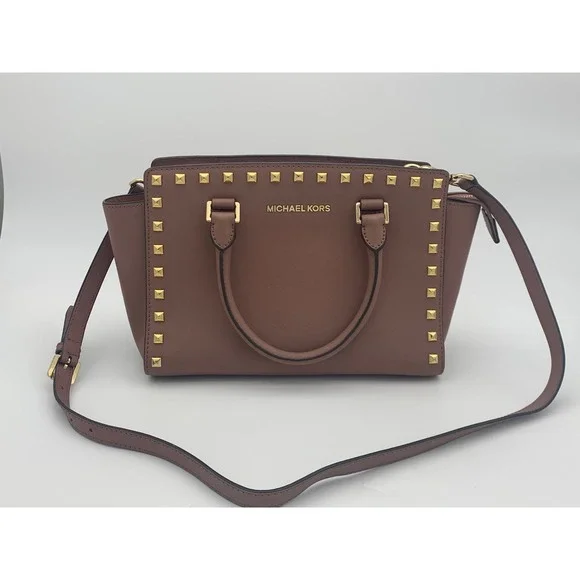 Michael Kors Selma Medium Studded‎ Saffiano Leather Satchel Mauve Gold Hardware