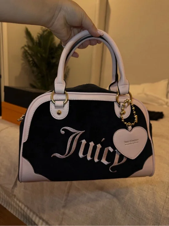 Juicy Couture Black Suede Satchel with Pink Trim