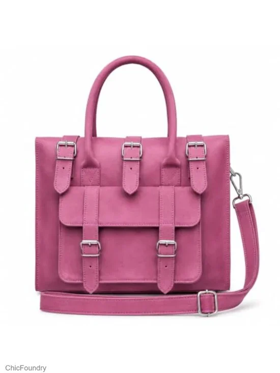 Genuine Leather Satchel Bag Vintage Buckle Strap Structured Work Tote Large
