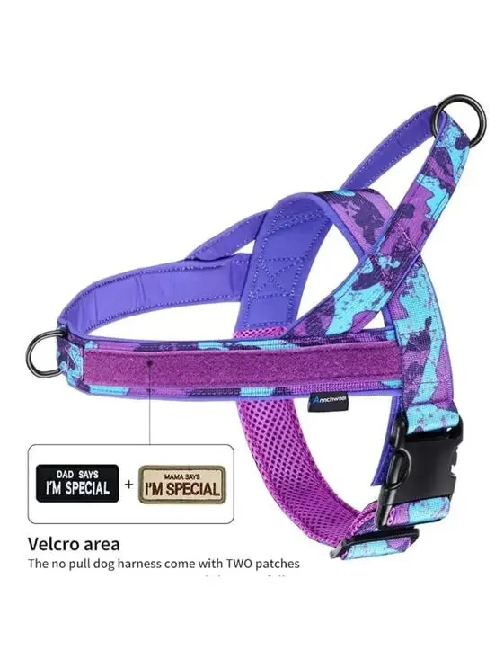 No Pull Dog Harness XL Purple Aqua Camo Heavy Duty Adjustable, Padded NEW