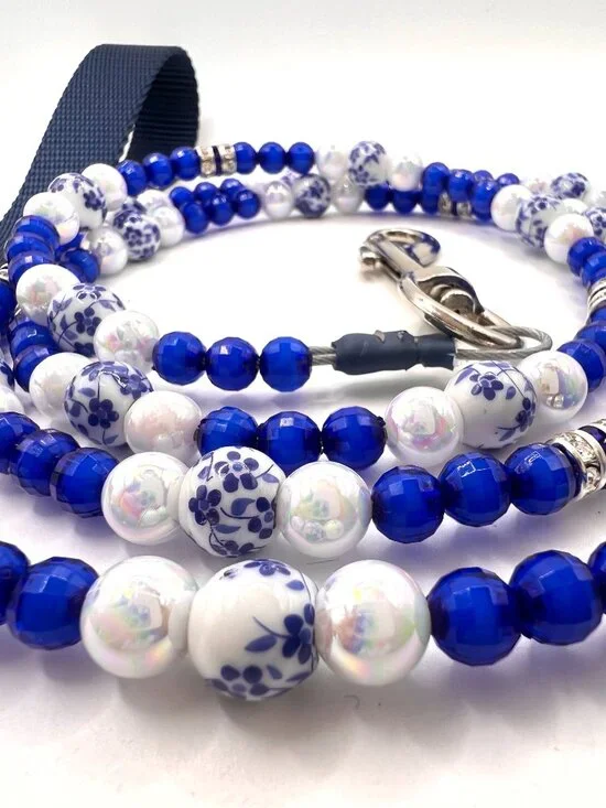 Beaded Luxe Blue & White Dog Leash - Handmade - One of a Kind