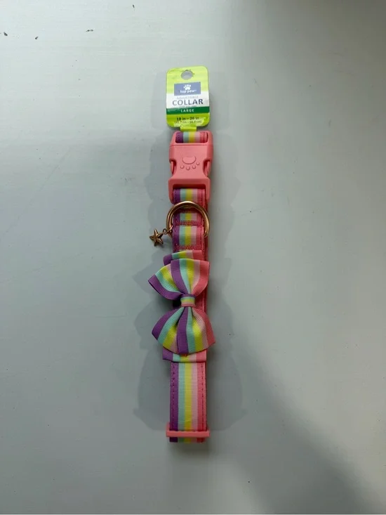 Dog Pink Rainbow Stripe Bow Collar with Star Charm