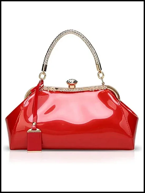 Women's Crystal Glossy Patent Leather Top Handle Tote Evening Handbag Crossbody