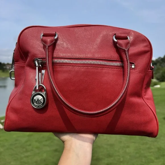 Michael Kors Red Leather Handbag Purse Shoulder Bag ~ Crossbody Strap