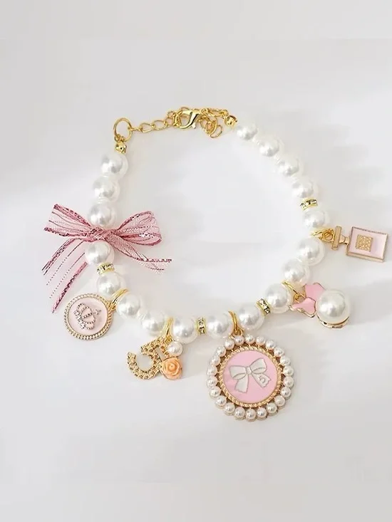 Cute Pearl Dog Cat Collar Necklace Pink and Gold Charms Pet Jewelry Adjustable