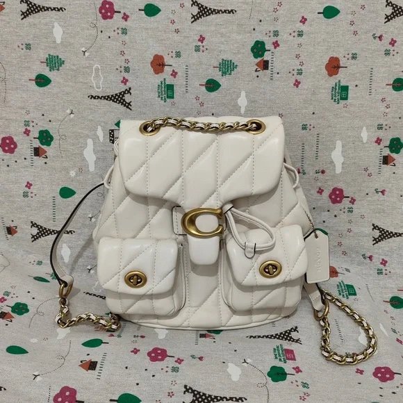 Coach Quilted Chalk Leather Drawstring Backpack with Gold Hardware