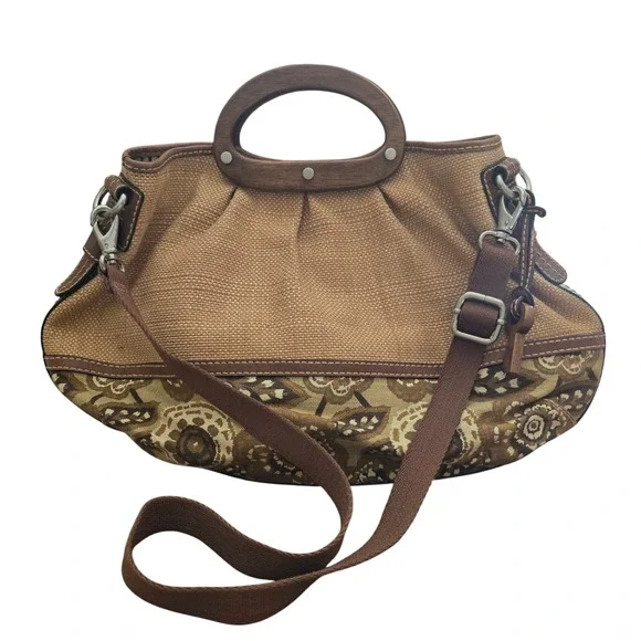 Fossil Canvas Floral Satchel Bag Brown Tan Wood Handle Crossbody Boho Handbag