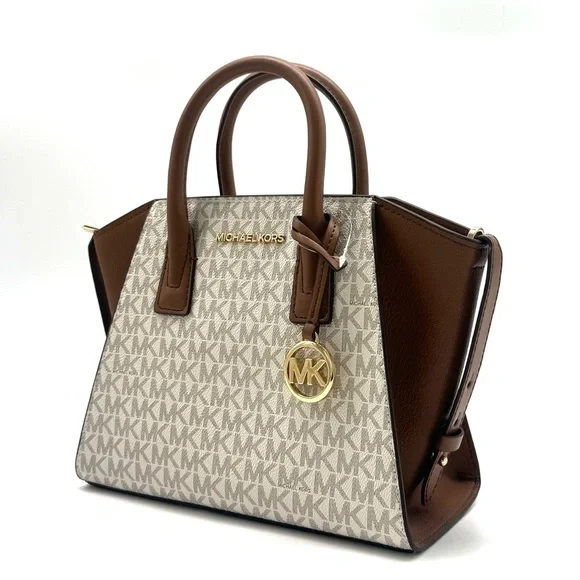Michael Kors Avril Small Logo and Leather Satchel Bag Vanilla/Brown