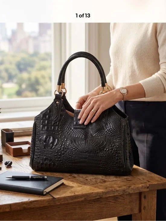 Croc-Embossed Black Top-Handle Satchel with Gold Hardware