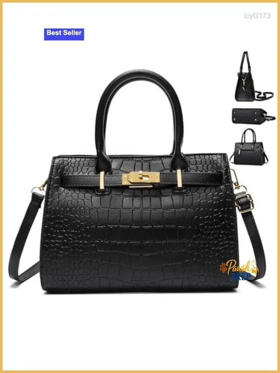 Croc-Embossed Faux Leather Top Handle Satchel Bag with Gold Lock