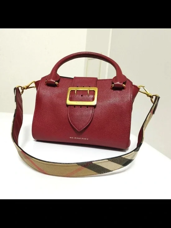 Burberry Burgundy Leather Satchel with Check Shoulder Strap