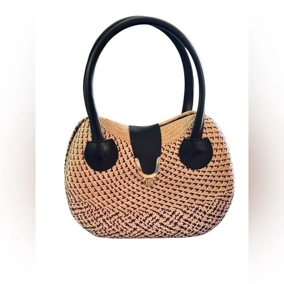 VTG 1980's Hard Shell Woven Straw Clutch Vegan Leather Handles Twist Lock 12X10
