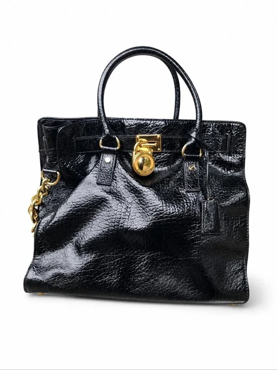 MK Black Patent Leather Tote Handbag with Gold Hardware