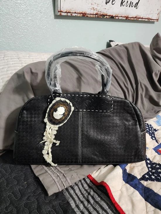 Black Embossed Dome Satchel with Cameo Lace Accent
