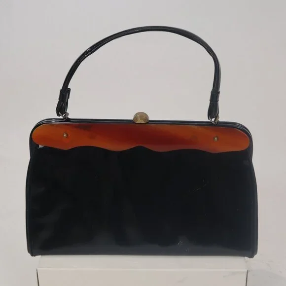 ❄️ Vtg 60's Verdi Black Patent Leather Tortoise Handbag Purse Satchel Acrylic