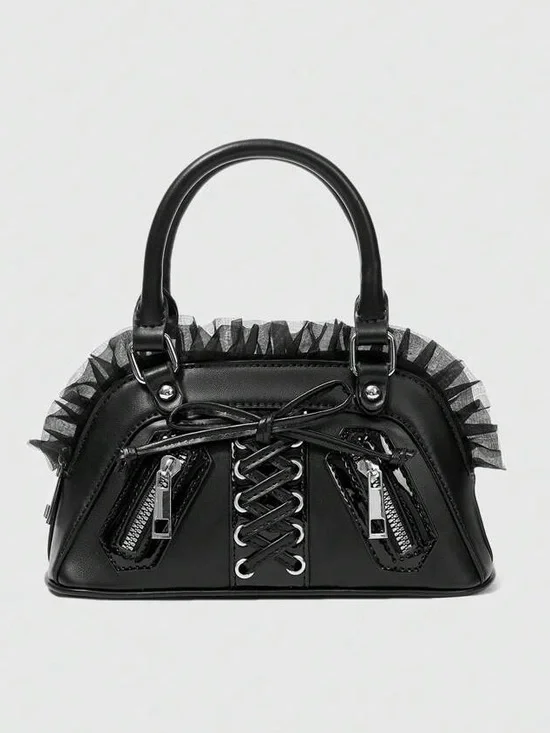 Goth Punk Pinup Black Vinyl Corset Purse with Tulle Trim