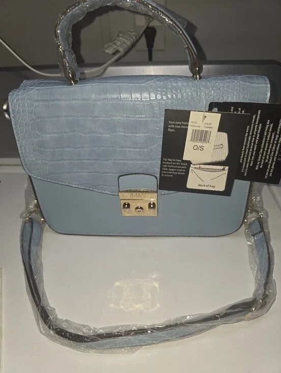 Iman Light Blue Croc-Texture Top Handle Bag