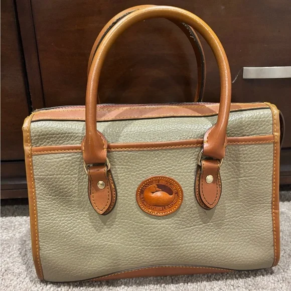Dooney & Bourke Olive Green Pebbled Leather Satchel with Tan Trim