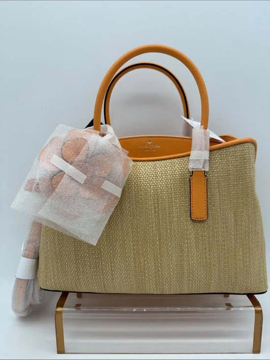 Kate Spade Thompson Street Straw Satchel Bag With Charm Desert Sun Orange Tan