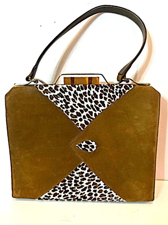 Vintage 1960s MCM Caramel Ultra-suede Clasp Handbag Hair-on-Hide Accent Panels