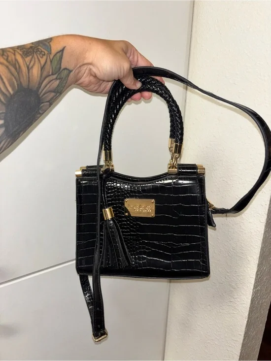 bebe Black Croc-Embossed Satchel with Gold Accents