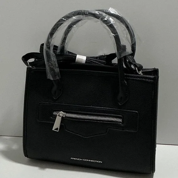 French Connection Womens Black Pebbled Faux Leather Satchel Crossbody Bag