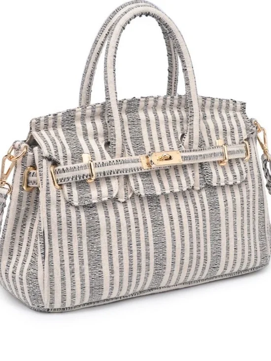 Striped Top-Handle Women's Satchel Handbag - Cream & Gray