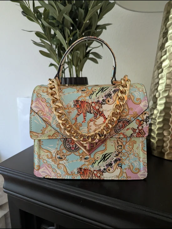 Pastel Tiger Print Top-Handle Bag with Gold Chain