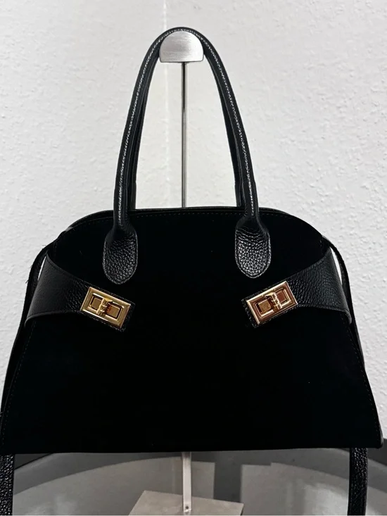 Divina Firenze Black Suede & Leather Top-Handle Satchel with Gold-Tone Hardware